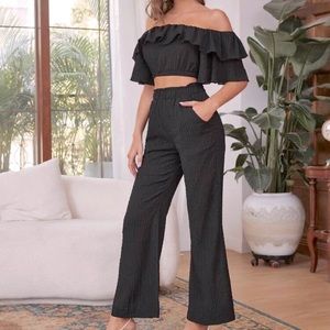 Two piece pants and and off the shoulder blouse really cute